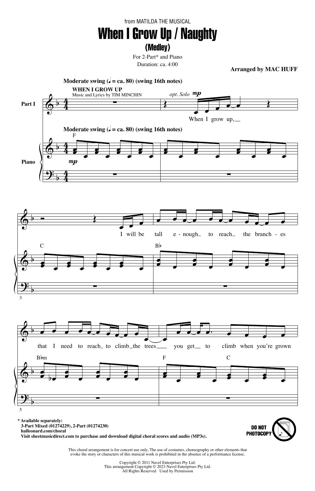 Download Tim Minchin When I Grow Up / Naughty (Medley) (arr. Mac Huff) Sheet Music and learn how to play 3-Part Mixed Choir PDF digital score in minutes