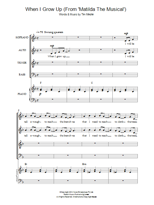 Download Tim Minchin When I Grow Up (From 'Matilda The Musical') (arr. Simon Foxley) Sheet Music and learn how to play SATB PDF digital score in minutes