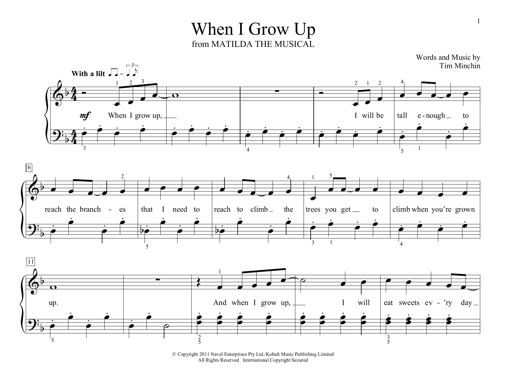 Download Tim Minchin When I Grow Up (from Matilda the Musical) (arr. Christopher Hussey) Sheet Music and learn how to play Educational Piano PDF digital score in minutes