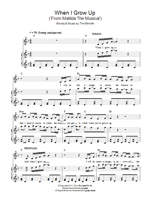 Download Tim Minchin When I Grow Up (from Matilda The Musical) Sheet Music and learn how to play Piano, Vocal & Guitar Chords (Right-Hand Melody) PDF digital score in minutes