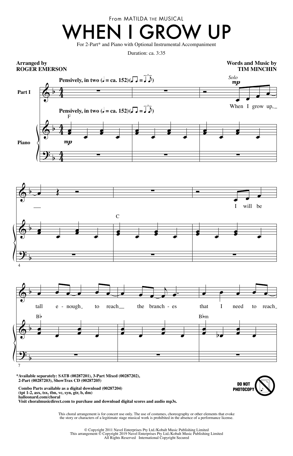 Download Tim Minchin When I Grow Up (from Matilda: The Musical) (arr. Roger Emerson) Sheet Music and learn how to play 3-Part Mixed Choir PDF digital score in minutes