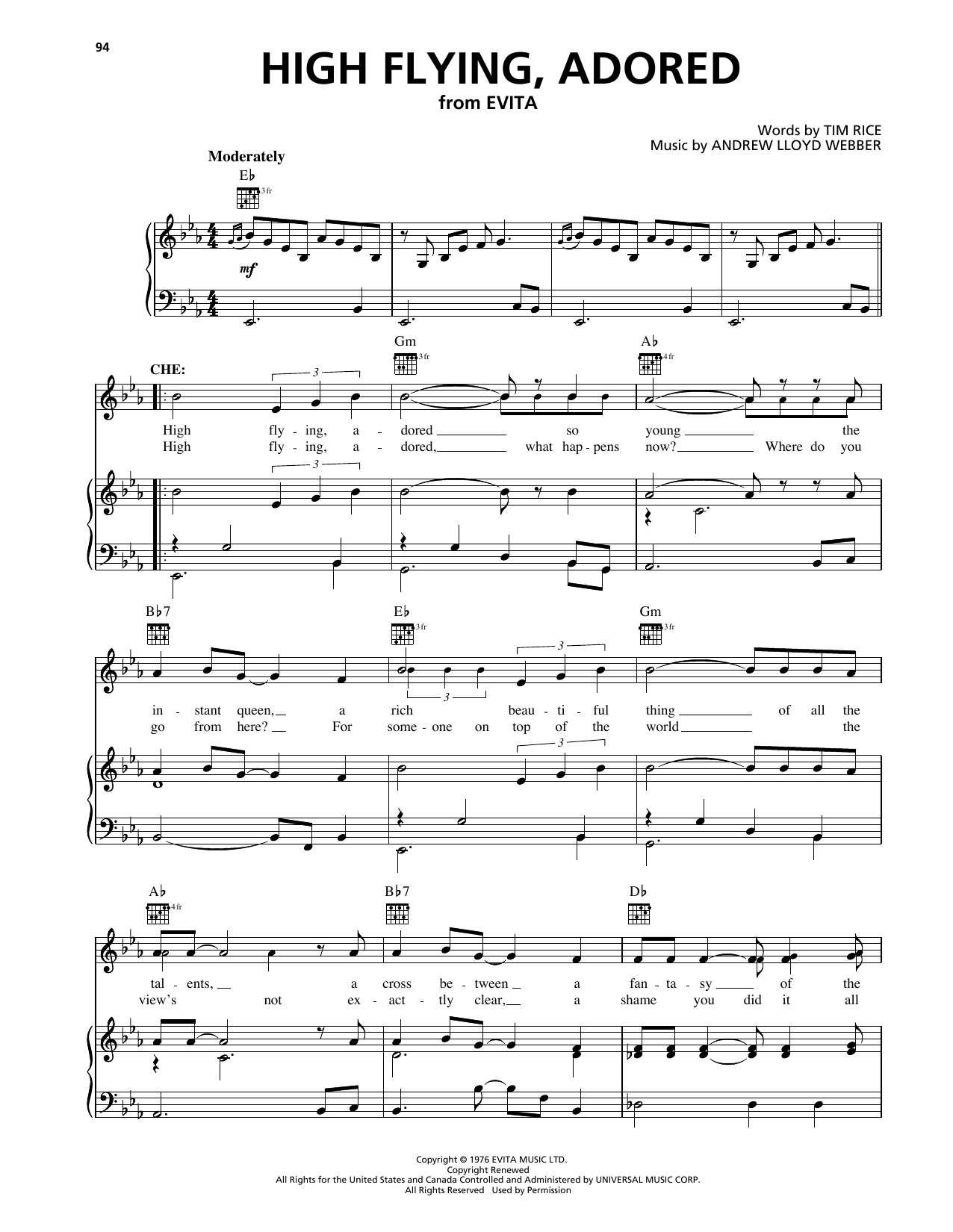 Download Tim Rice High Flying, Adored (from Evita) Sheet Music and learn how to play Piano, Vocal & Guitar Chords (Right-Hand Melody) PDF digital score in minutes