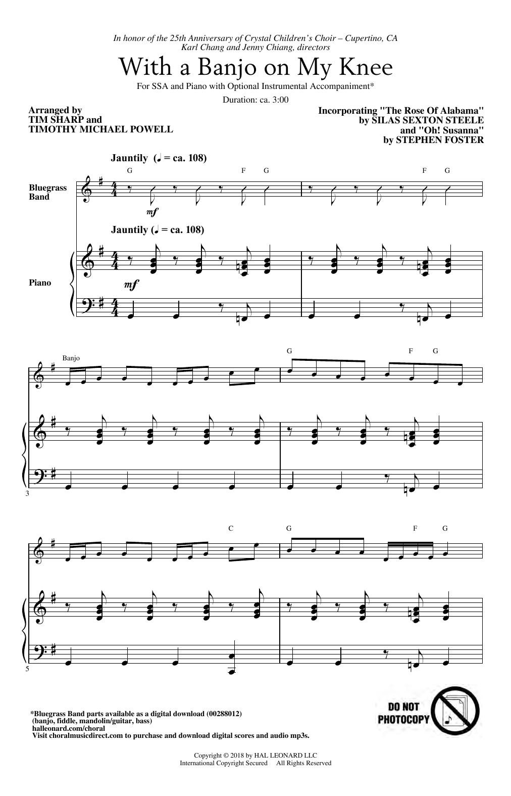 Download Tim Sharp & Timothy Michael Powell With A Banjo On My Knee Sheet Music and learn how to play SSA Choir PDF digital score in minutes