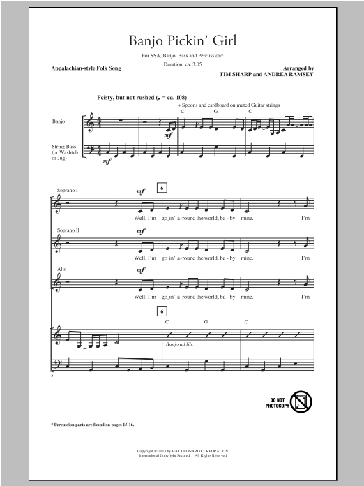 Download Tim Sharp Banjo Pickin' Girl Sheet Music and learn how to play SSA PDF digital score in minutes