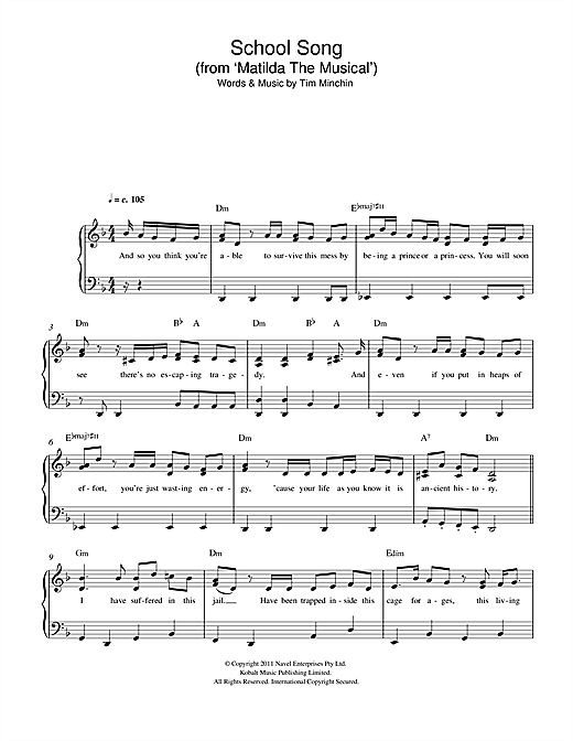Tim Minchin School Song From Matilda The Musical Sheet Music 