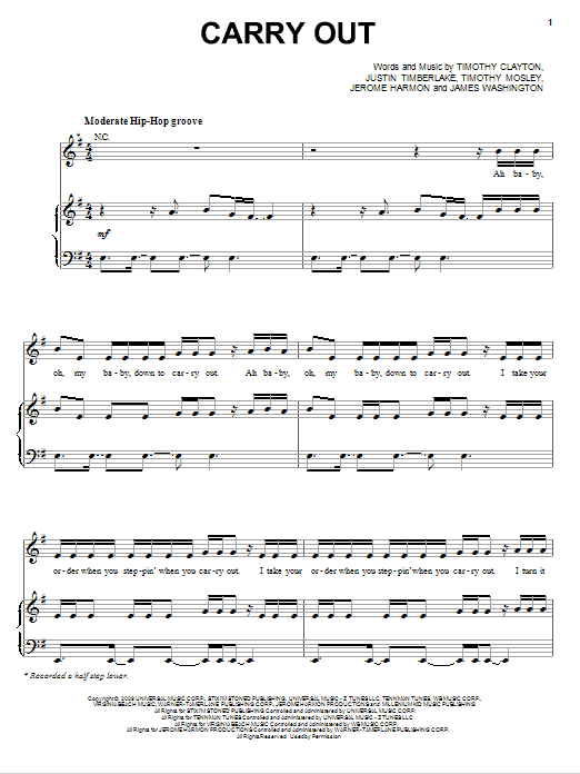 Download Timbaland Carry Out (feat. Justin Timberlake) Sheet Music and learn how to play Piano, Vocal & Guitar (Right-Hand Melody) PDF digital score in minutes