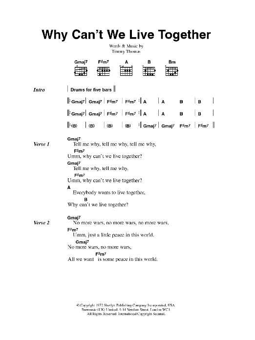 Download Timmy Thomas Why Can't We Live Together Sheet Music and learn how to play Lyrics & Chords PDF digital score in minutes