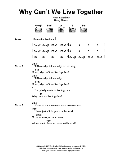Download Timmy Thomas Why Can't We Live Together Sheet Music and learn how to play Lyrics & Chords PDF digital score in minutes