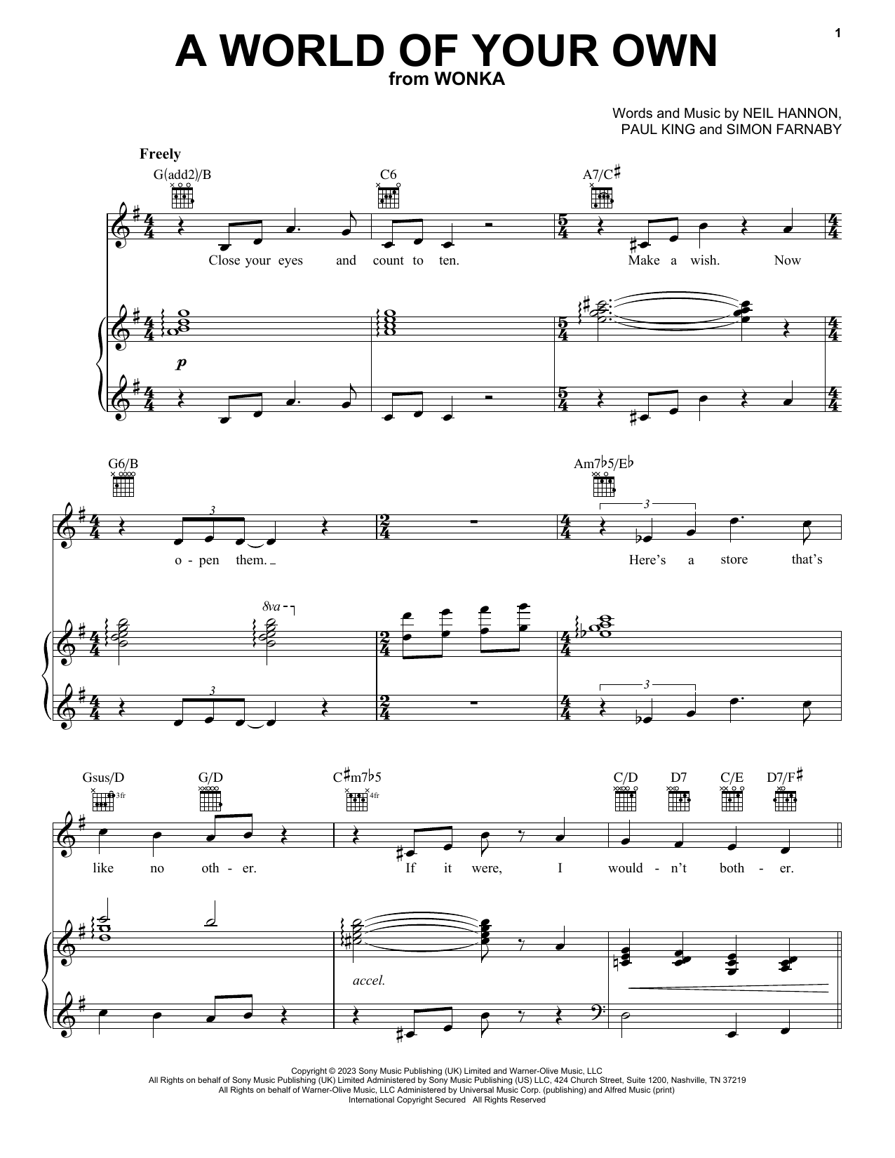 Download Timothée Chalamet A World Of Your Own (from Wonka) Sheet Music and learn how to play Piano, Vocal & Guitar Chords (Right-Hand Melody) PDF digital score in minutes
