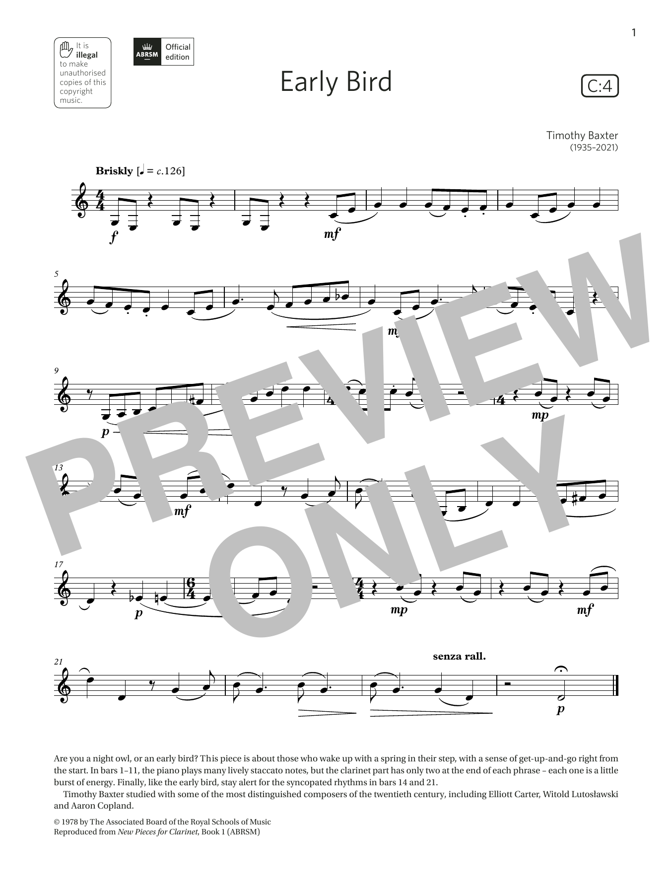 Download Timothy Baxter Early Bird (Grade 3 List C4 from the ABRSM Clarinet syllabus from 2022) Sheet Music and learn how to play Clarinet Solo PDF digital score in minutes
