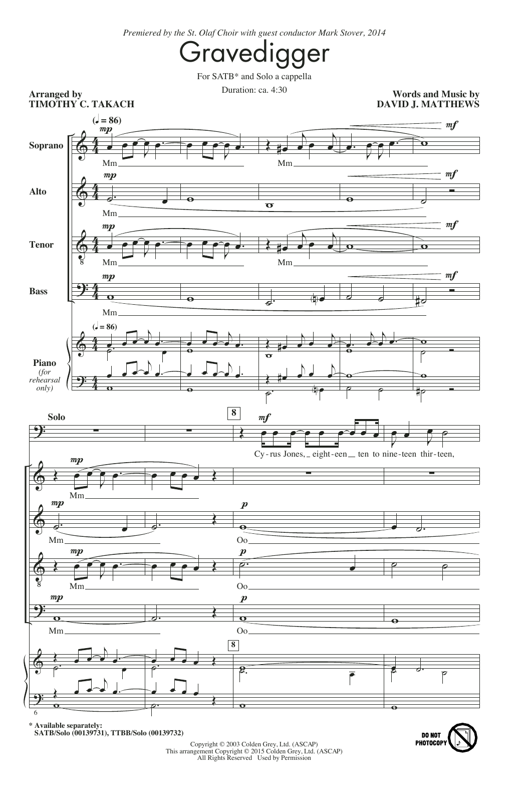 Download Dave Matthews Gravedigger (arr. Timothy C. Takach) Sheet Music and learn how to play TTBB PDF digital score in minutes