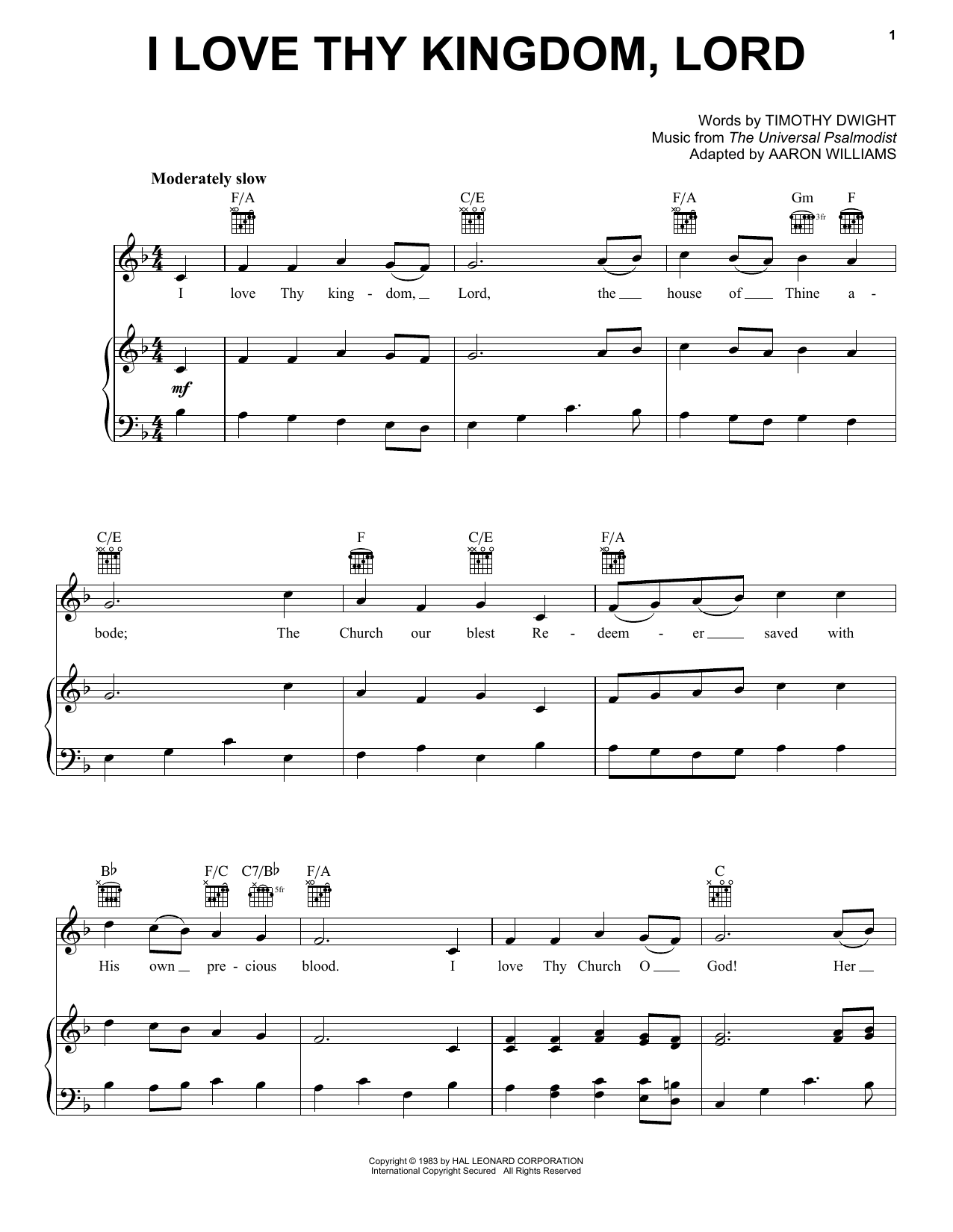 Download Timothy Dwight I Love Thy Kingdom, Lord Sheet Music and learn how to play Piano, Vocal & Guitar Chords (Right-Hand Melody) PDF digital score in minutes