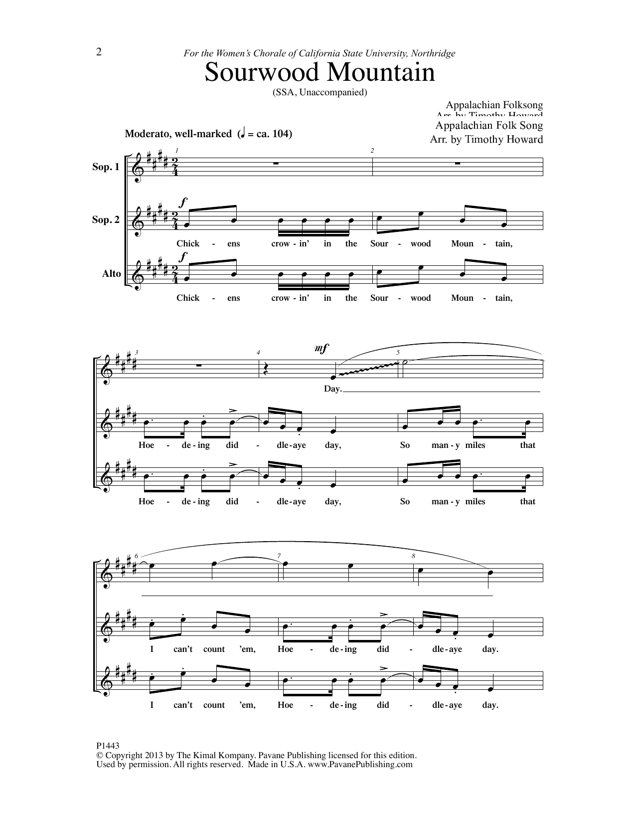 Download Timothy Howard Sourwood Mountain Sheet Music and learn how to play SSA Choir PDF digital score in minutes