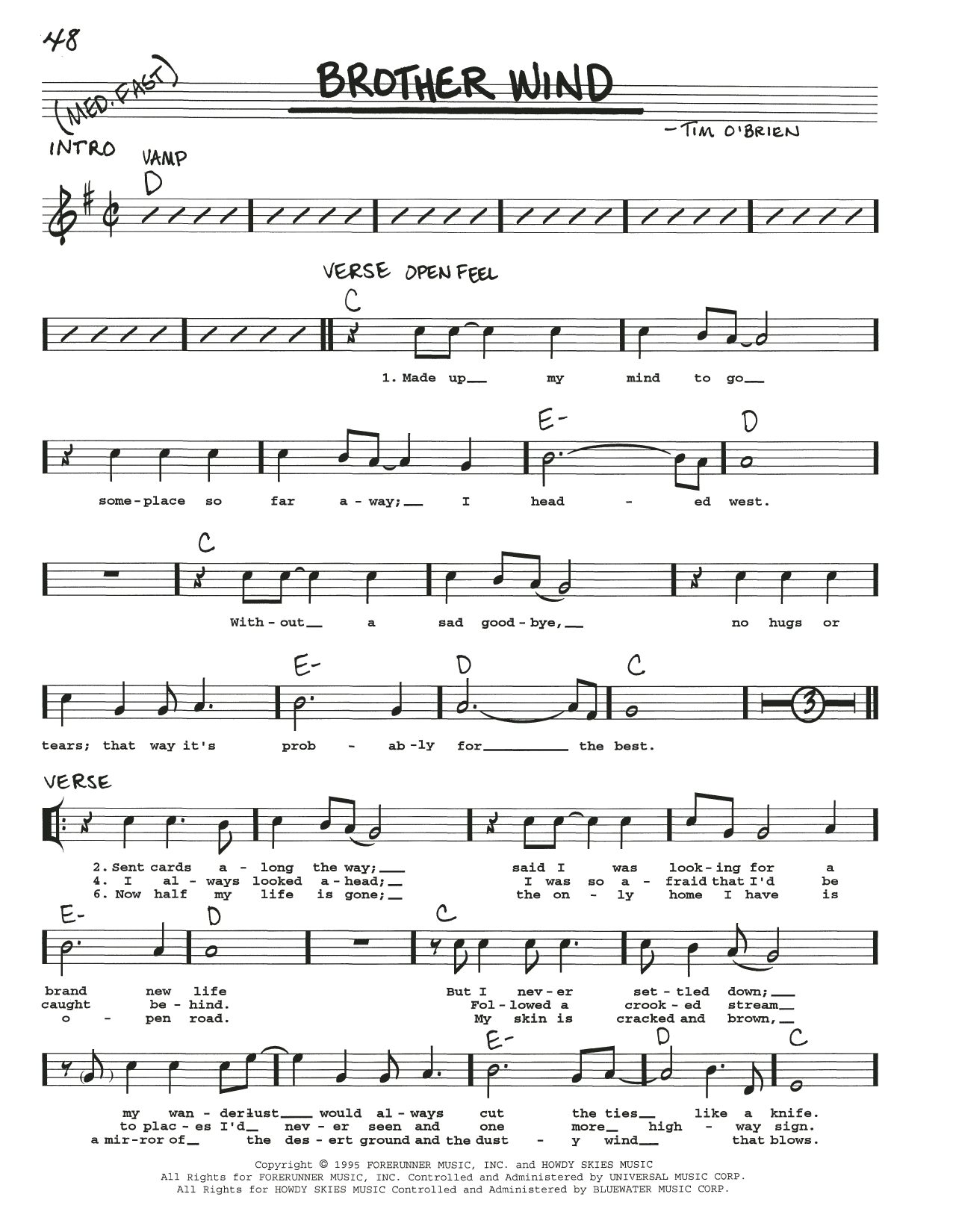 Download Timothy O'Brien Brother Wind Sheet Music and learn how to play Real Book – Melody, Lyrics & Chords PDF digital score in minutes