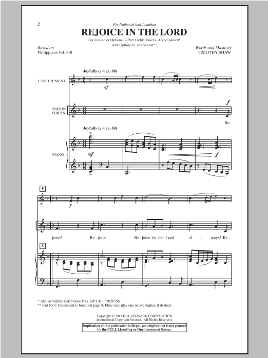 Download Timothy Shaw Rejoice In The Lord Sheet Music and learn how to play Unison Voice PDF digital score in minutes