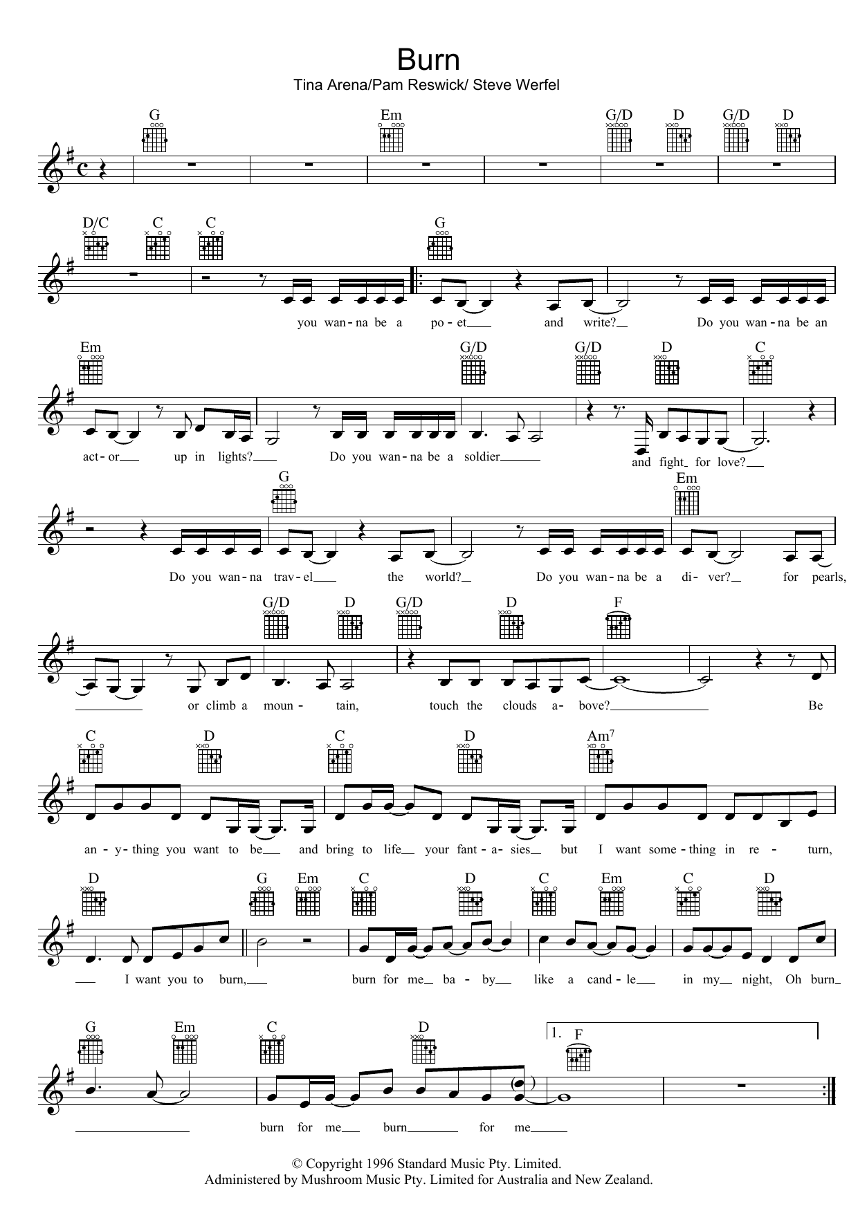 Download Tina Arena Burn Sheet Music and learn how to play Piano, Vocal & Guitar (Right-Hand Melody) PDF digital score in minutes