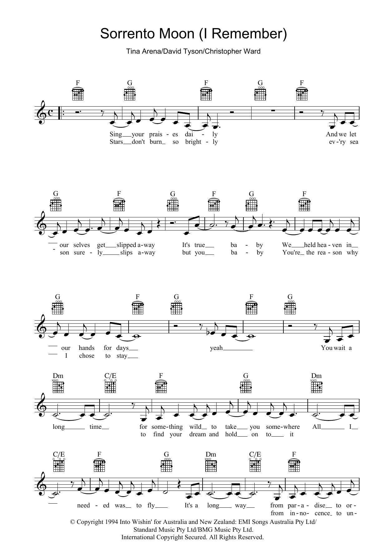 Download Tina Arena Sorrento Moon (I Remember) Sheet Music and learn how to play Melody Line, Lyrics & Chords PDF digital score in minutes