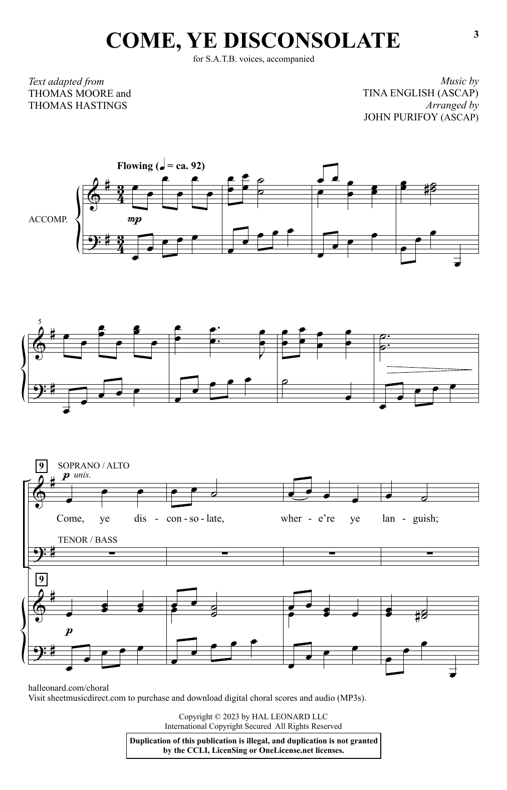 Download Tina English Come, Ye Disconsolate (arr. John Purifoy) Sheet Music and learn how to play SATB Choir PDF digital score in minutes