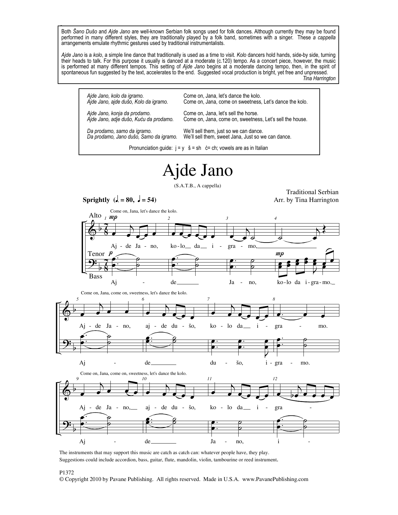 Download Tina Harrington Ajde Jano Sheet Music and learn how to play SATB Choir PDF digital score in minutes