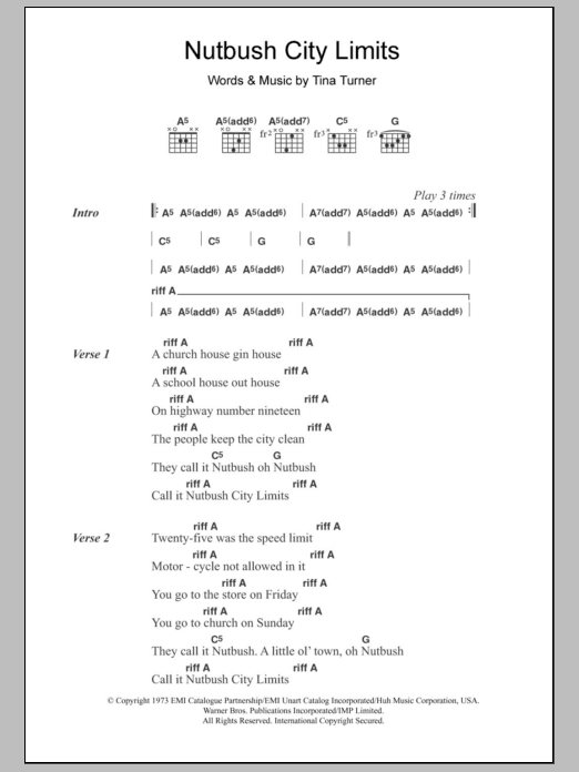 Download Tina Turner Nutbush City Limits Sheet Music and learn how to play Lyrics & Chords PDF digital score in minutes