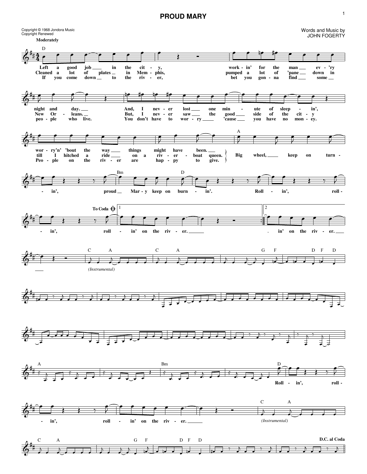Download Tina Turner Proud Mary Sheet Music and learn how to play Lead Sheet / Fake Book PDF digital score in minutes
