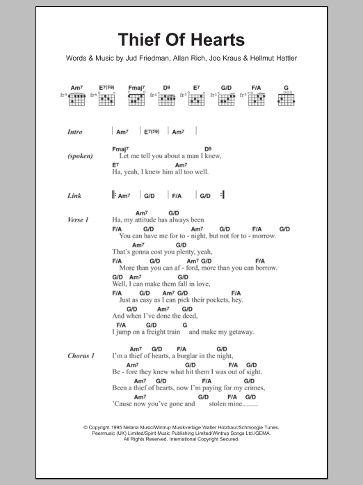 Download Tina Turner Thief Of Hearts Sheet Music and learn how to play Lyrics & Chords PDF digital score in minutes