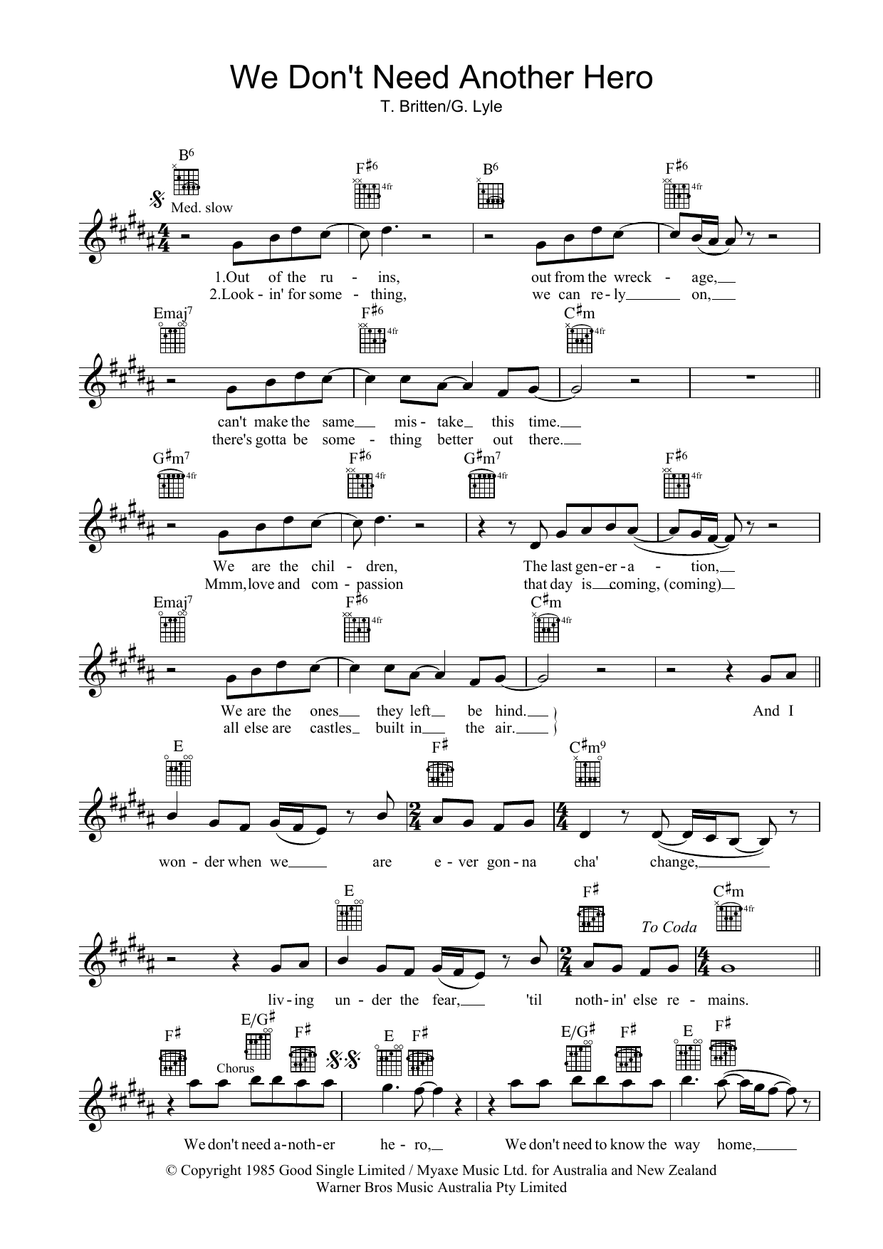 Download Tina Turner We Don't Need Another Hero Sheet Music and learn how to play Piano, Vocal & Guitar (Right-Hand Melody) PDF digital score in minutes