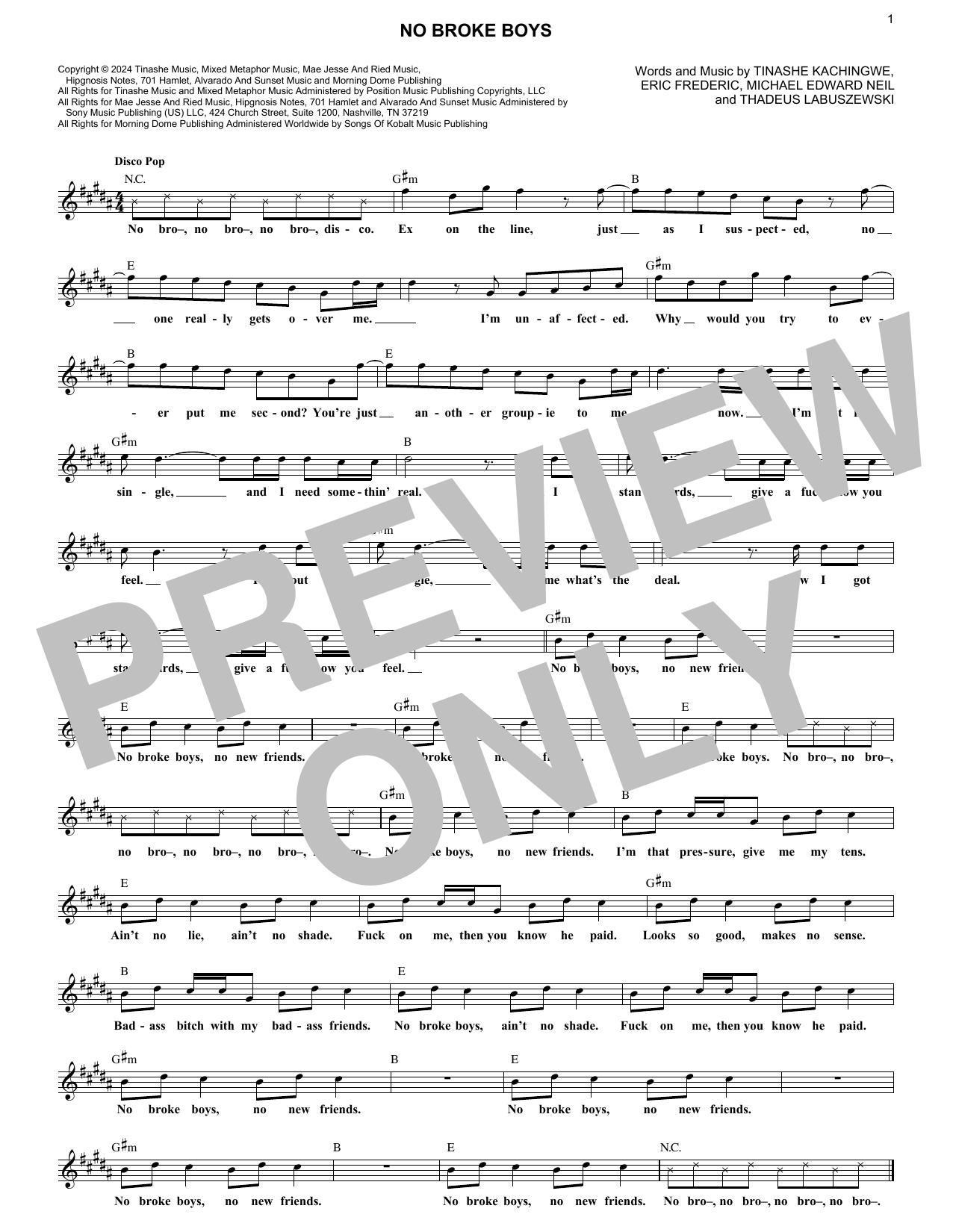 Download Tinashe No Broke Boys (Disco Lines Remix) Sheet Music and learn how to play Lead Sheet / Fake Book PDF digital score in minutes
