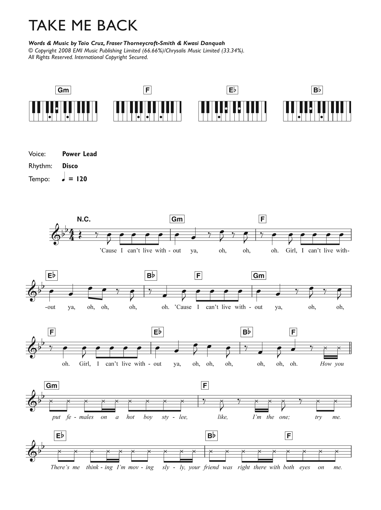Download Tinchy Stryder Take Me Back (feat. Taio Cruz) Sheet Music and learn how to play Keyboard PDF digital score in minutes