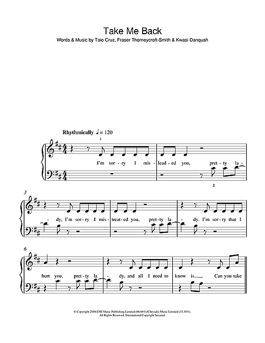 Download Tinchy Stryder Take Me Back (feat. Taio Cruz) Sheet Music and learn how to play 5-Finger Piano PDF digital score in minutes