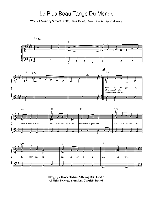 Download Tino Rossi Le Plus Beau Tango Du Monde Sheet Music and learn how to play Easy Piano PDF digital score in minutes
