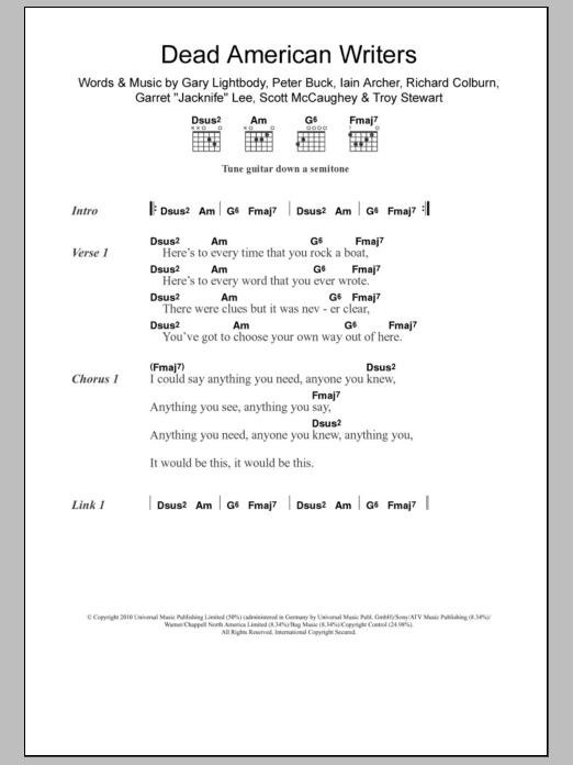 Download Tired Pony Dead American Writers Sheet Music and learn how to play Lyrics & Chords PDF digital score in minutes