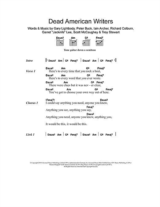 Download Tired Pony Dead American Writers Sheet Music and learn how to play Lyrics & Chords PDF digital score in minutes