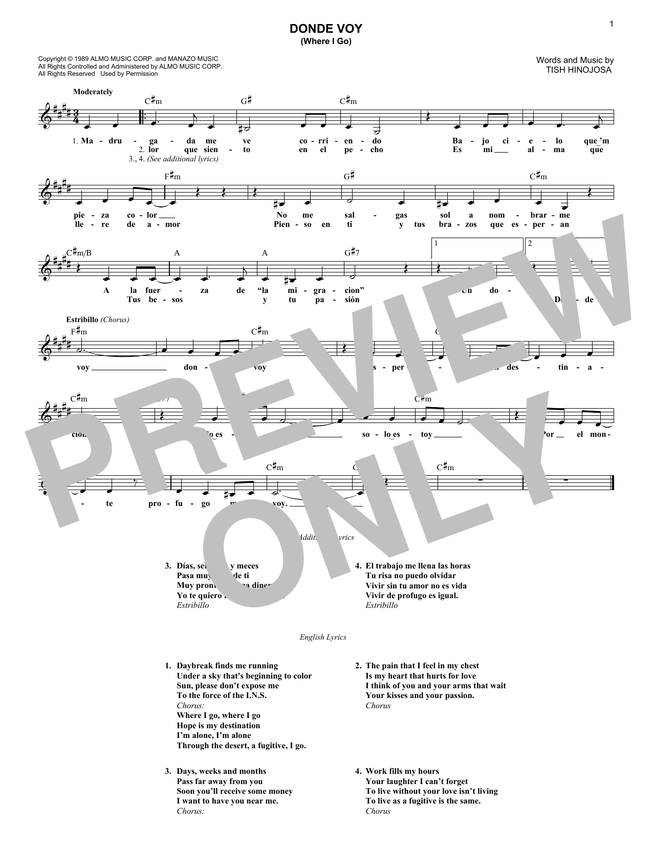 Download Tish Hinojosa Donde Voy (Where I Go) Sheet Music and learn how to play Melody Line, Lyrics & Chords PDF digital score in minutes