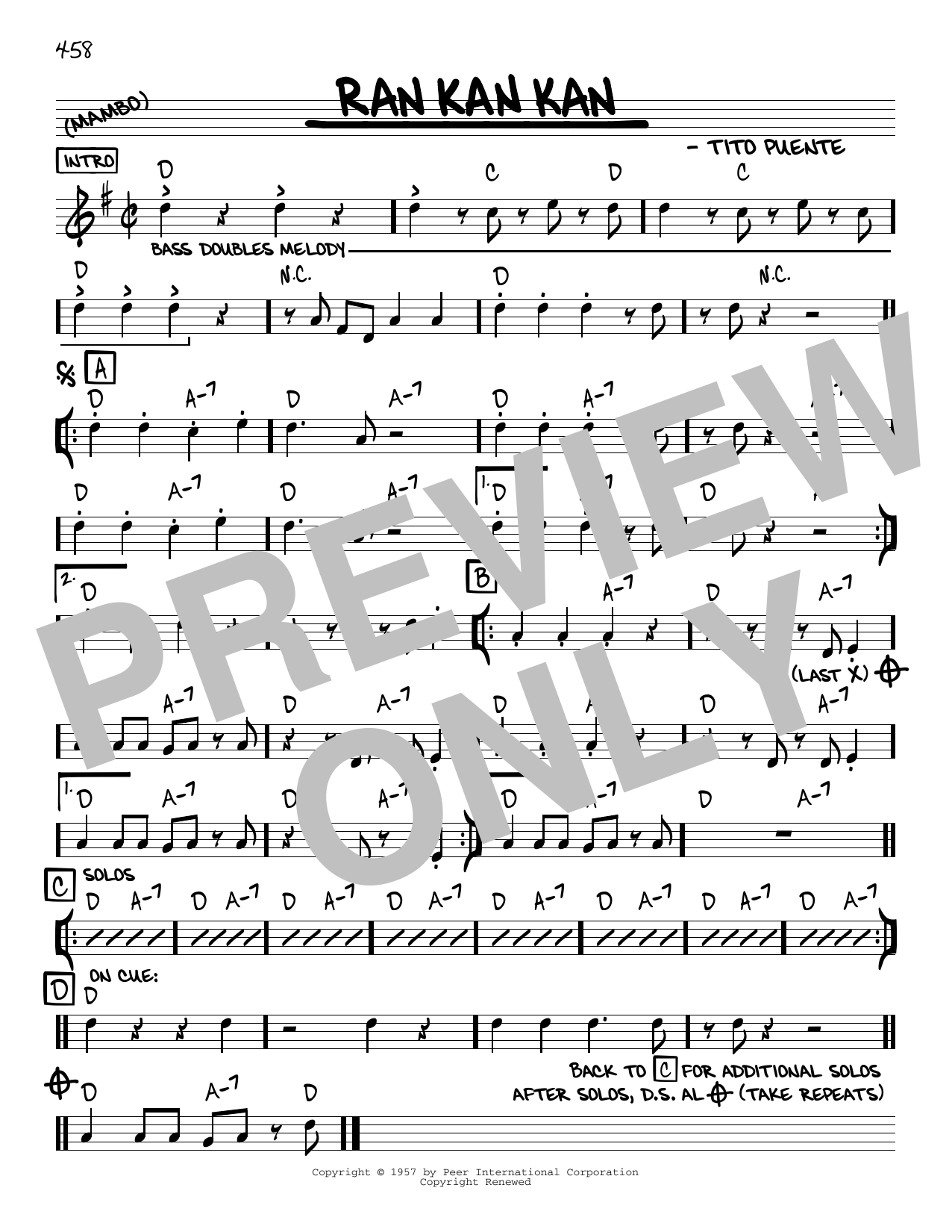 Download Tito Puente Ran Kan Kan Sheet Music and learn how to play Real Book - Melody & Chords - Bass Clef Instruments PDF digital score in minutes