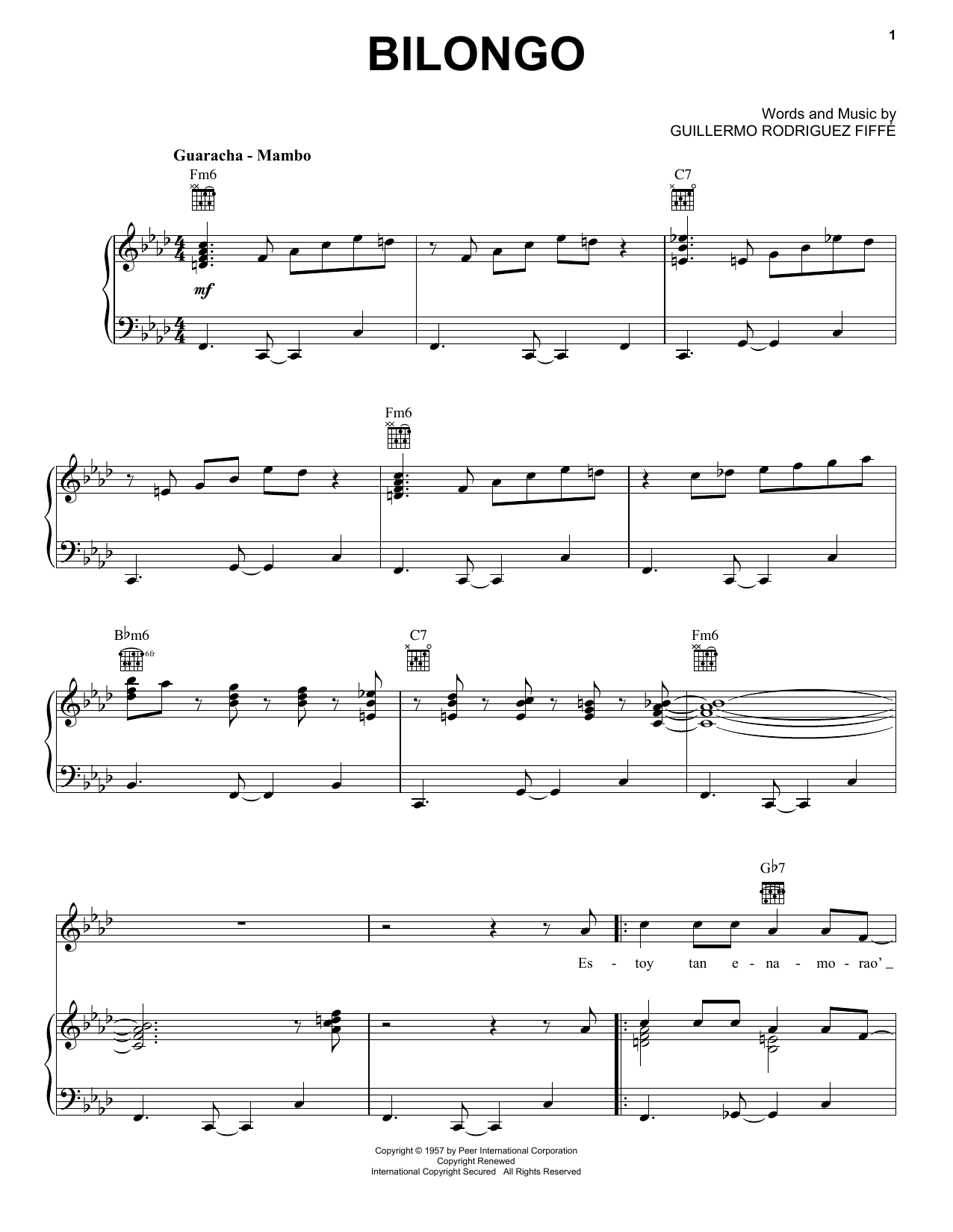 Download Tito Rodriguez Bilongo Sheet Music and learn how to play Piano, Vocal & Guitar Chords (Right-Hand Melody) PDF digital score in minutes