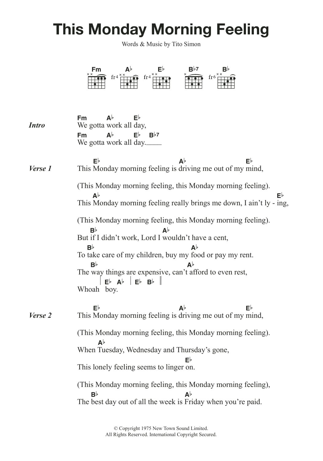 Download Tito Simon This Monday Morning Feeling Sheet Music and learn how to play Lyrics & Chords PDF digital score in minutes