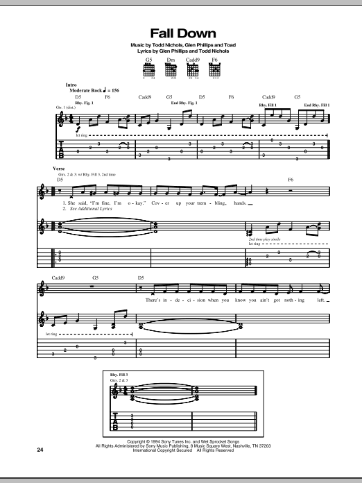 Download Toad The Wet Sprocket Fall Down Sheet Music and learn how to play Guitar Tab PDF digital score in minutes