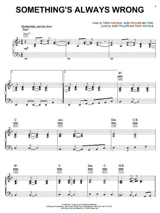 Download Toad The Wet Sprocket Something's Always Wrong Sheet Music and learn how to play Piano, Vocal & Guitar (Right-Hand Melody) PDF digital score in minutes