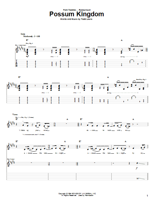 Download Toadies Possum Kingdom Sheet Music and learn how to play Guitar Tab PDF digital score in minutes