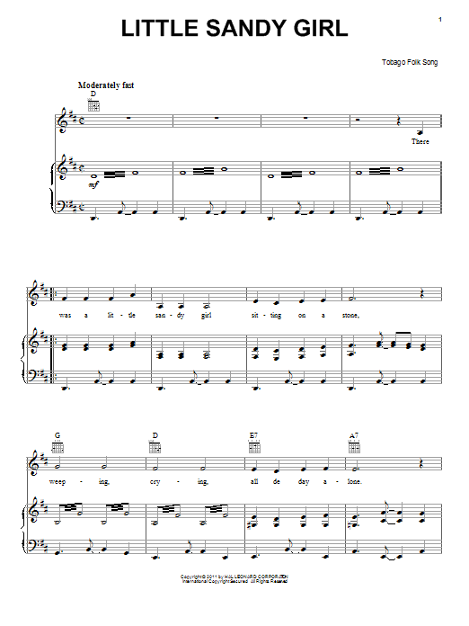 Download Tobago Folk Song Little Sandy Girl Sheet Music and learn how to play Piano, Vocal & Guitar (Right-Hand Melody) PDF digital score in minutes