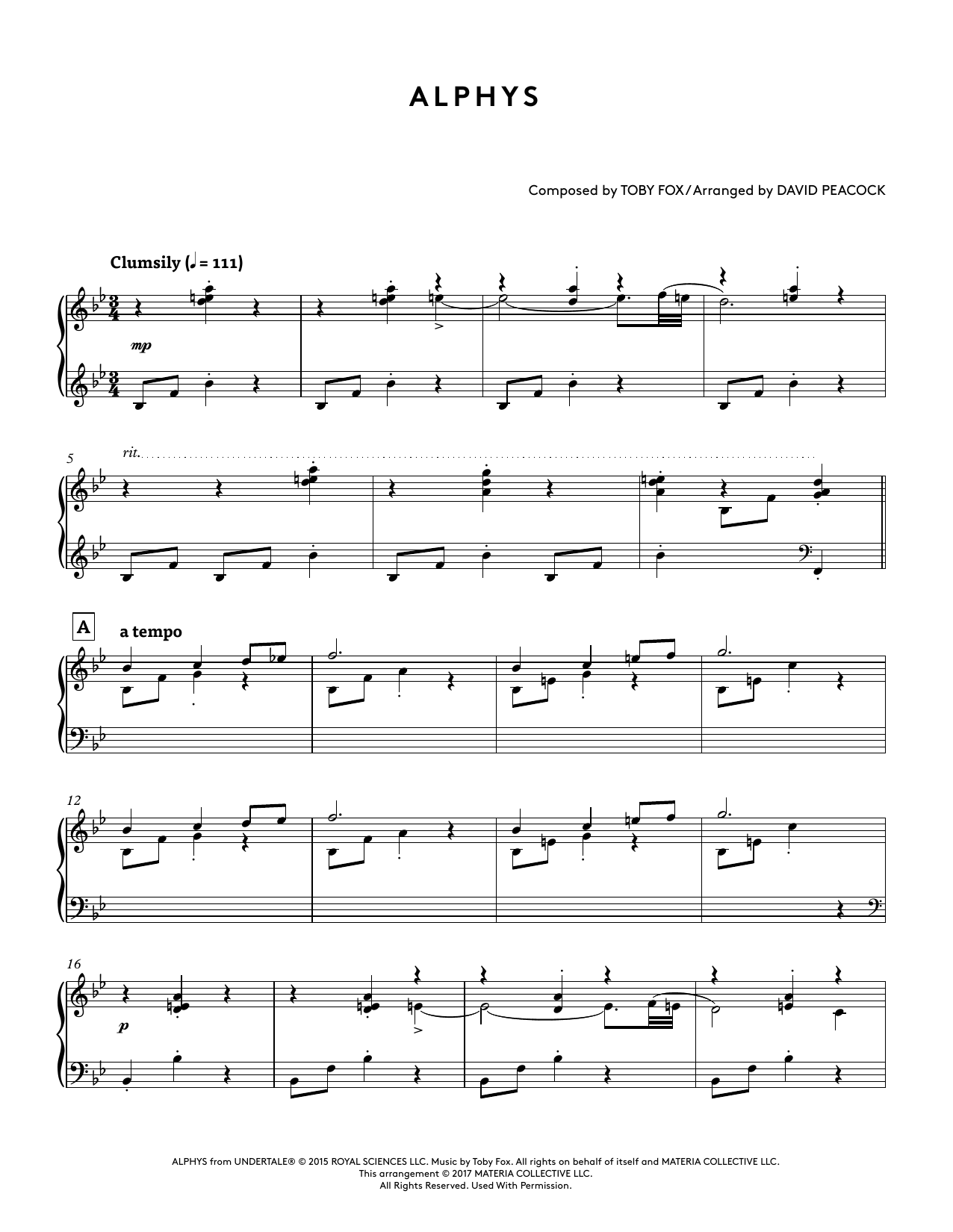 Download Toby Fox Alphys (from Undertale Piano Collections) (arr. David Peacock) Sheet Music and learn how to play Piano Solo PDF digital score in minutes