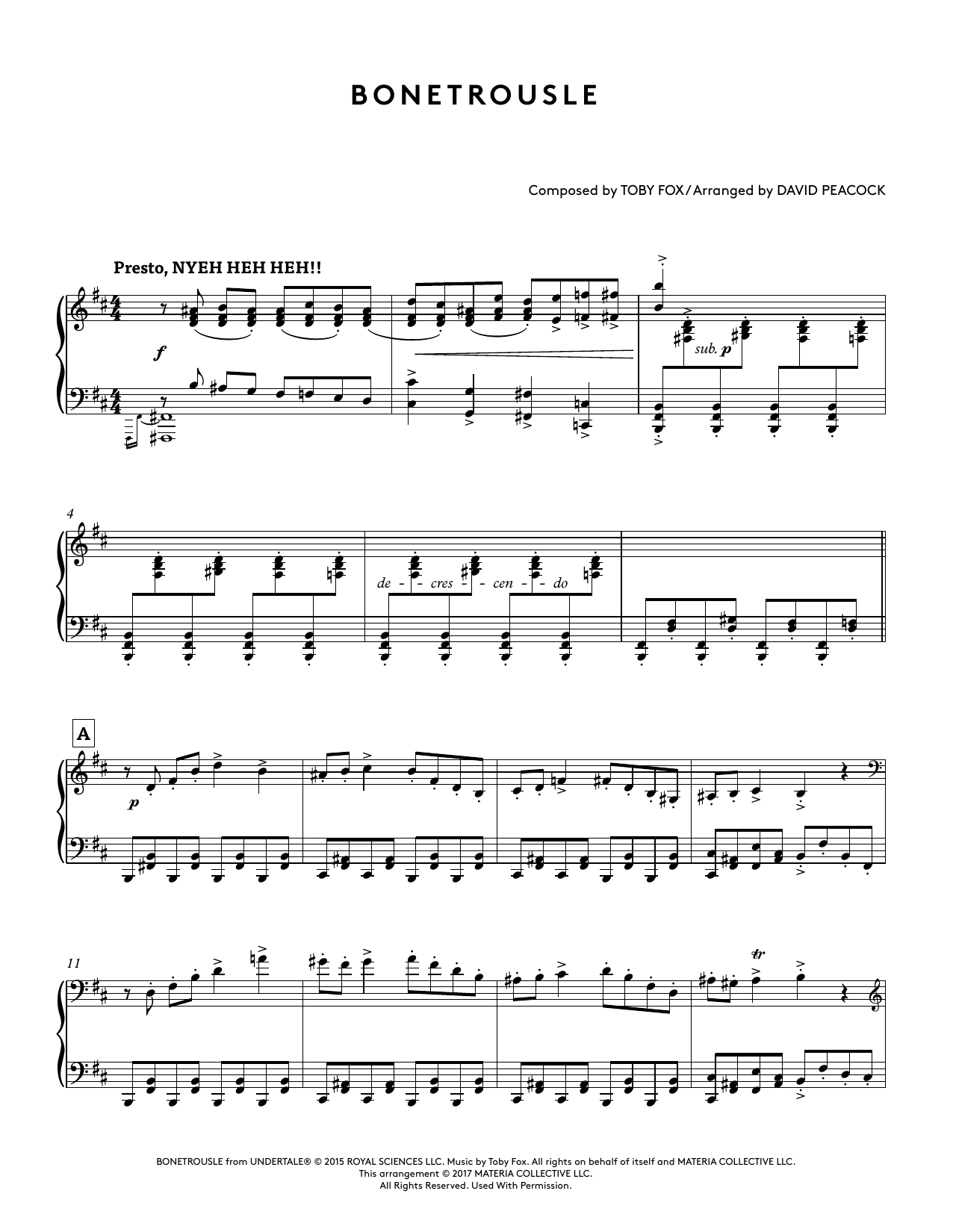 Download Toby Fox Bonetrousle (from Undertale Piano Collections) (arr. David Peacock) Sheet Music and learn how to play Piano Solo PDF digital score in minutes