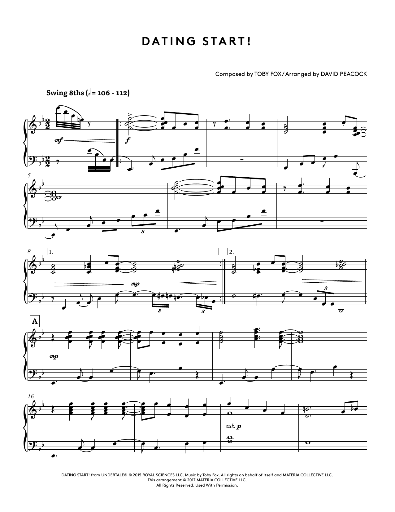 Download Toby Fox Dating Start! (from Undertale Piano Collections 2) (arr. David Peacock) Sheet Music and learn how to play Piano Solo PDF digital score in minutes