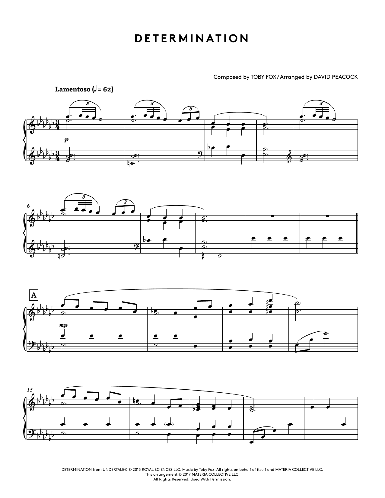Download Toby Fox Determination (from Undertale Piano Collections) (arr. David Peacock) Sheet Music and learn how to play Piano Solo PDF digital score in minutes