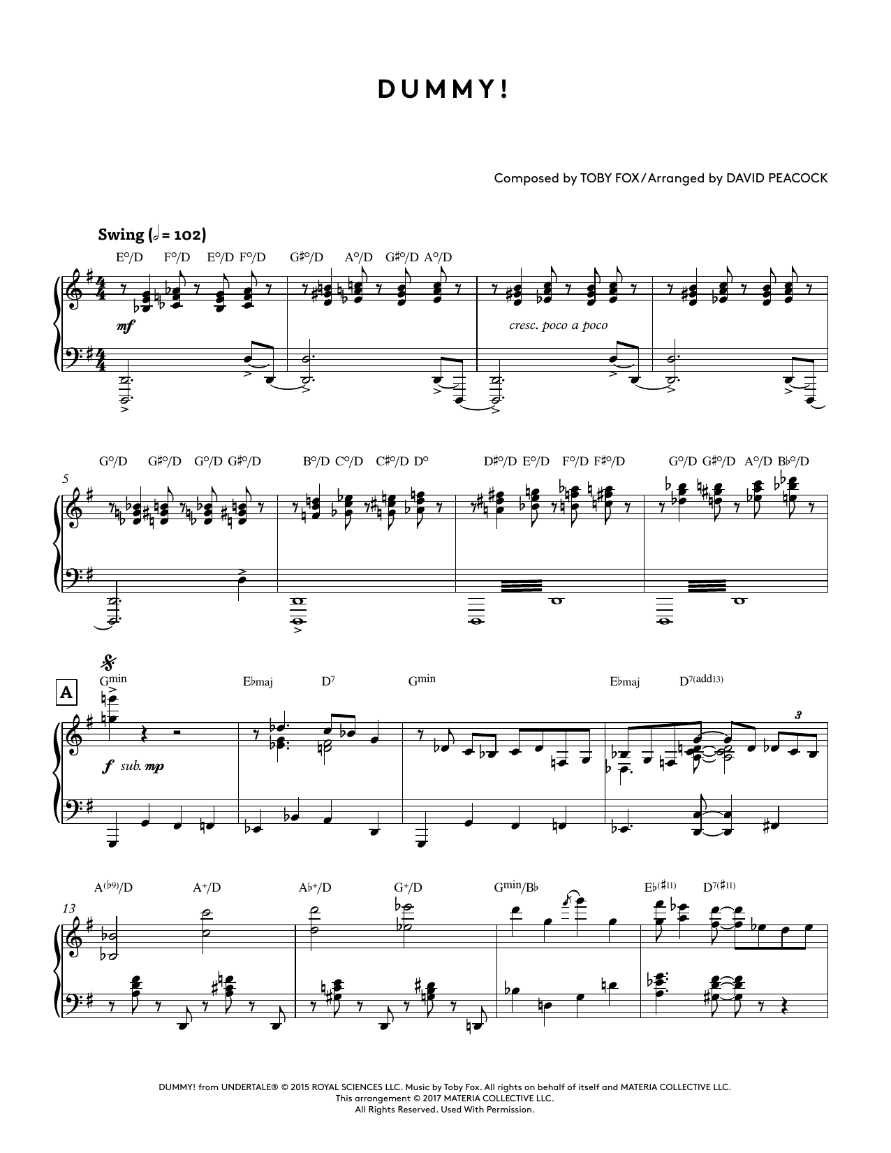 Download Toby Fox Dummy! (from Undertale Piano Collections) (arr. David Peacock) Sheet Music and learn how to play Piano Solo PDF digital score in minutes