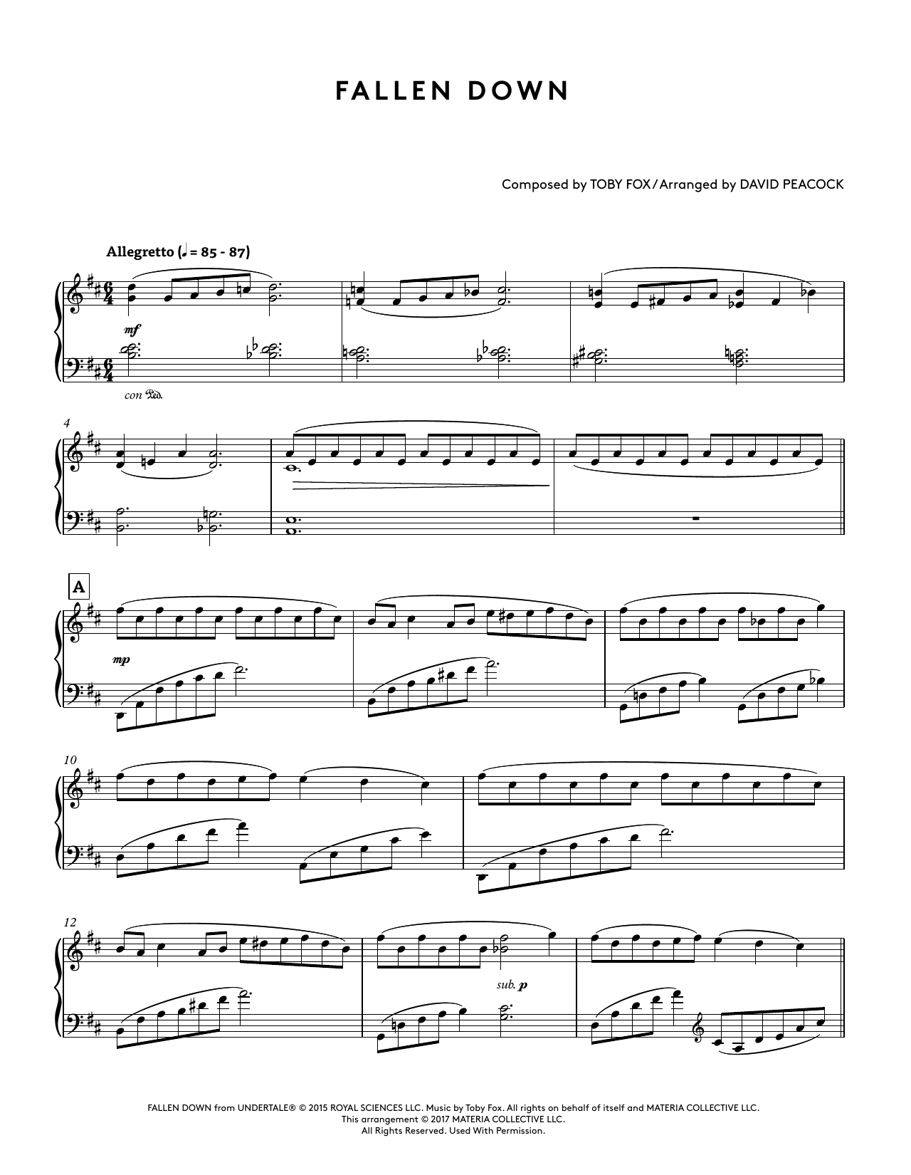 Download Toby Fox Fallen Down (from Undertale Piano Collections) (arr. David Peacock) Sheet Music and learn how to play Piano Solo PDF digital score in minutes