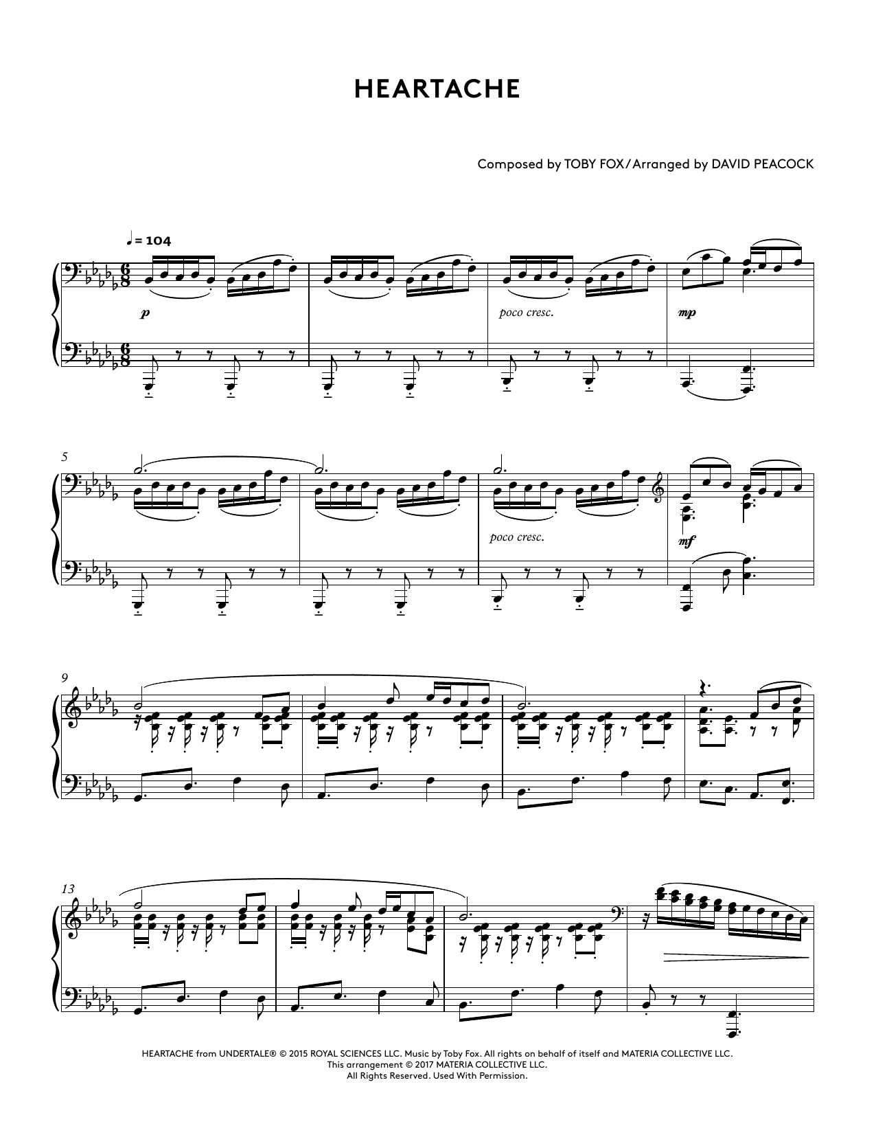 Download Toby Fox Heartache (from Undertale Piano Collections 2) (arr. David Peacock) Sheet Music and learn how to play Piano Solo PDF digital score in minutes