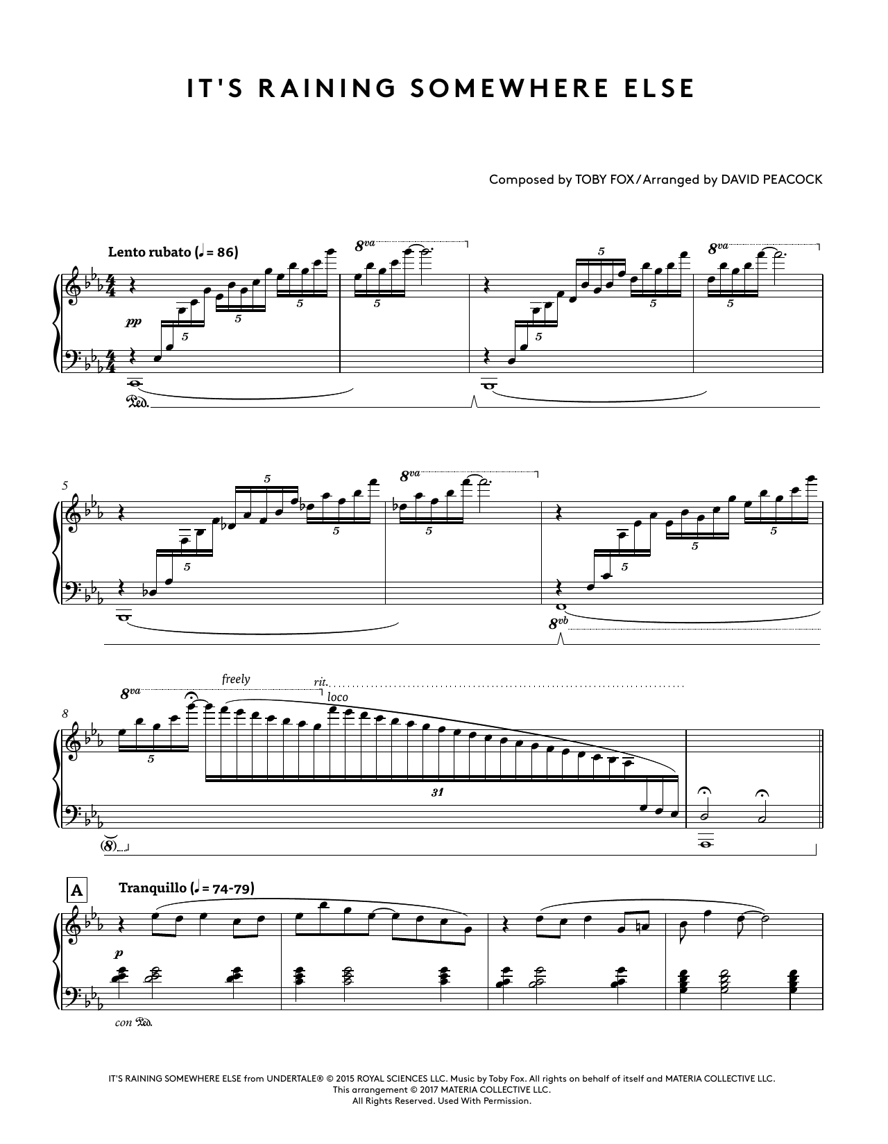 Download Toby Fox It's Raining Somewhere Else (from Undertale Piano Collections) (arr. David Peaco Sheet Music and learn how to play Piano Solo PDF digital score in minutes