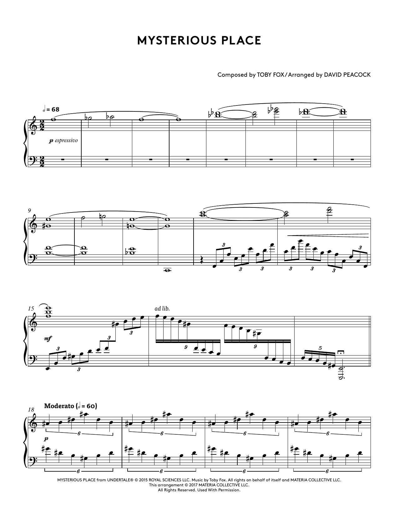 Download Toby Fox Mysterious Place (from Undertale Piano Collections 2) (arr. David Peacock) Sheet Music and learn how to play Piano Solo PDF digital score in minutes